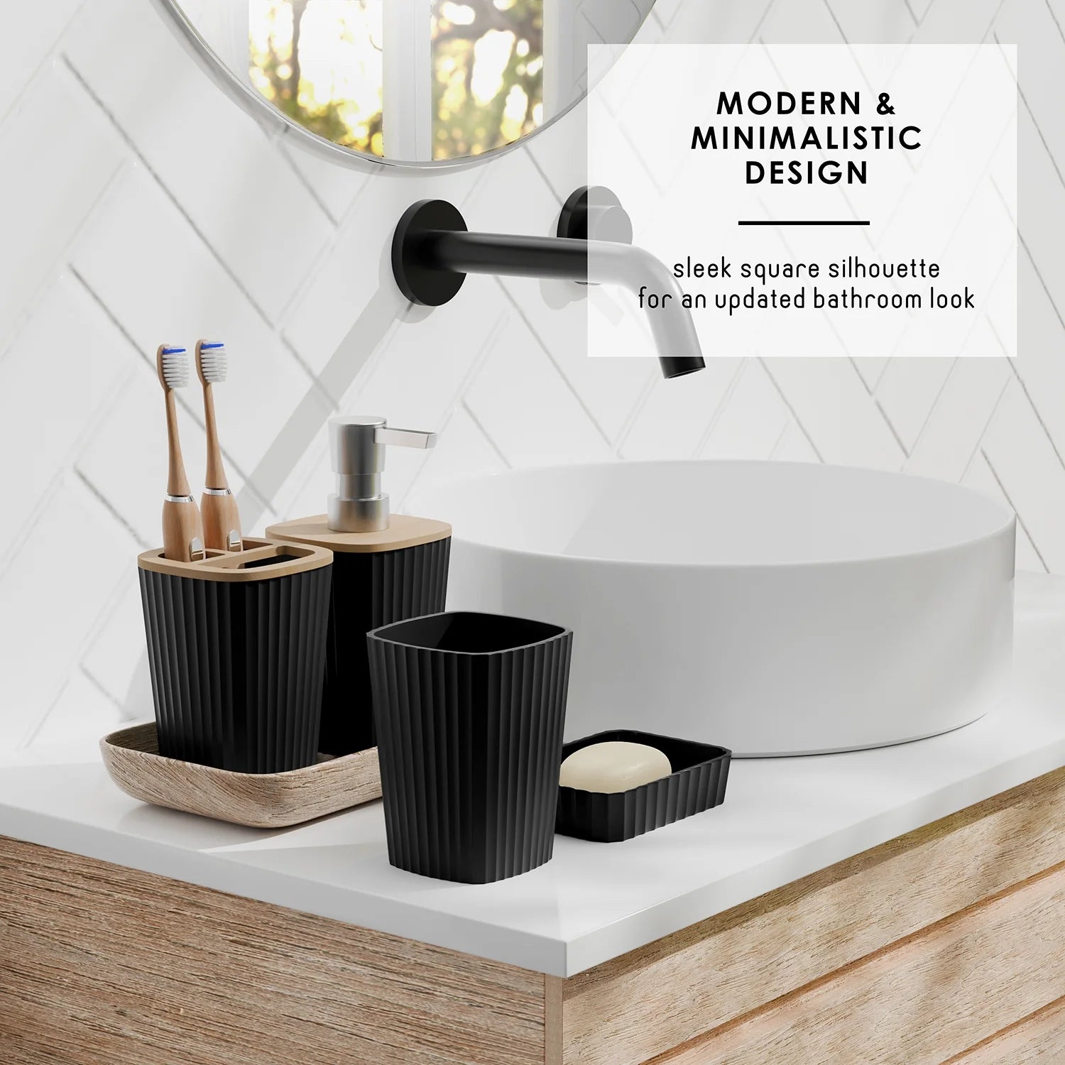 Transform Your Bathroom with the Virtu 6-Piece Black Bamboo Bathroom Accessories Set for a Chic Minimalist Look